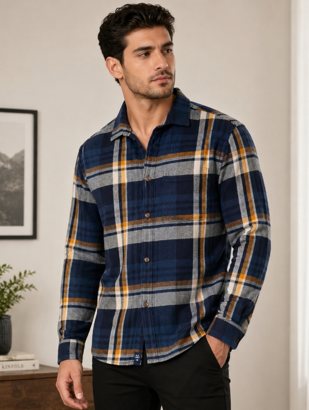 Old Navy Heavyweight Flannel Blue and Tan Button-Down Shirt